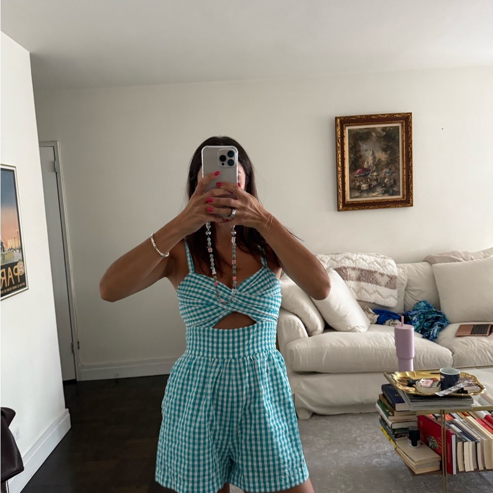 SAYLOR Turquoise Gingham Cutout Romper